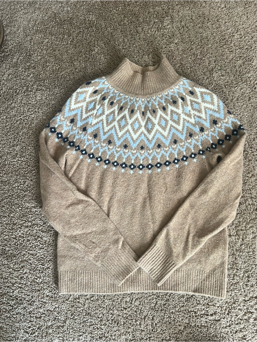 J. Crew Extra-Soft Mock Neck Sweater in Camel with Blue and Cream Accents